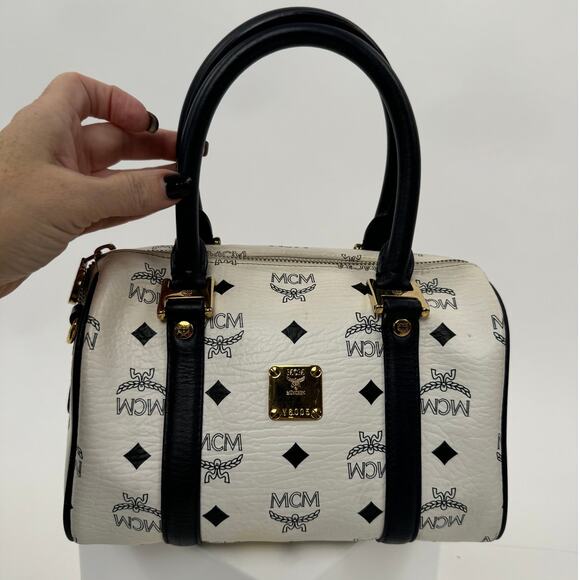 MCM Navy Blue and White Monogram Rare Boston Mini Top Handle Bag - Picture 1 of 6